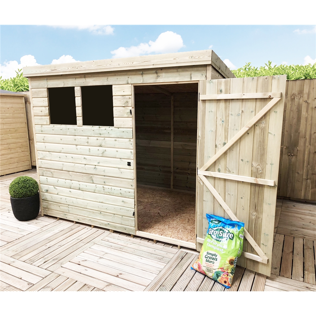 7 x 6 Pent Garden Shed - 12mm Tongue and Groove Walls - Pressure Treated - Single Door - 2 Windows + Safety Toughened Glass 