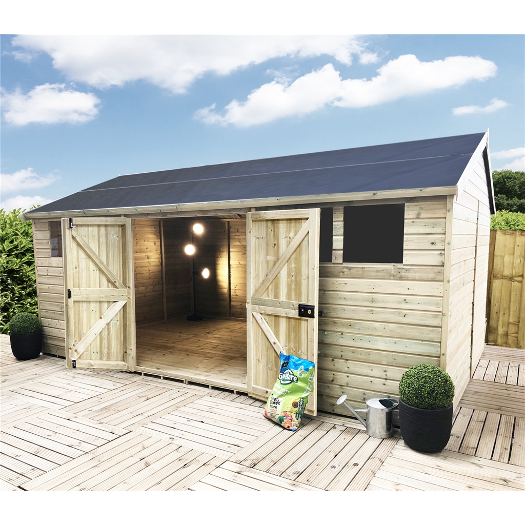 11 x 8 Reverse Premier Pressure Treated Tongue And Groove Apex Shed With Higher Eaves And Ridge Height And 6 Windows And Toughened Safety Glass And Double Doors + SUPER STRENGTH FRAMING