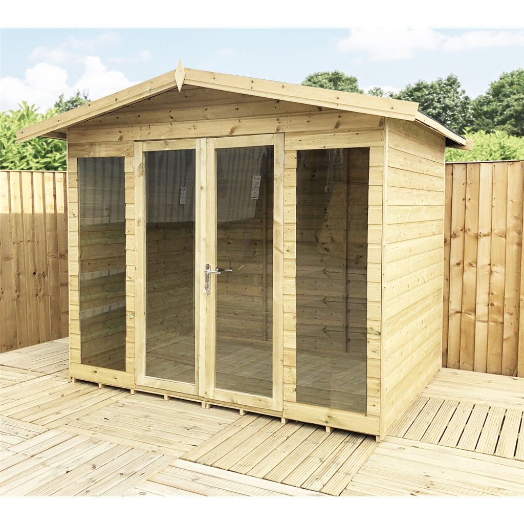 7 x 5 Pressure Treated Tongue & Groove Apex Summerhouse -  LONG WINDOWS - with Higher Eaves and Ridge Height + Overhang + Toughened Safety Glass + Euro Lock with Key + SUPER STRENGTH FRAMING