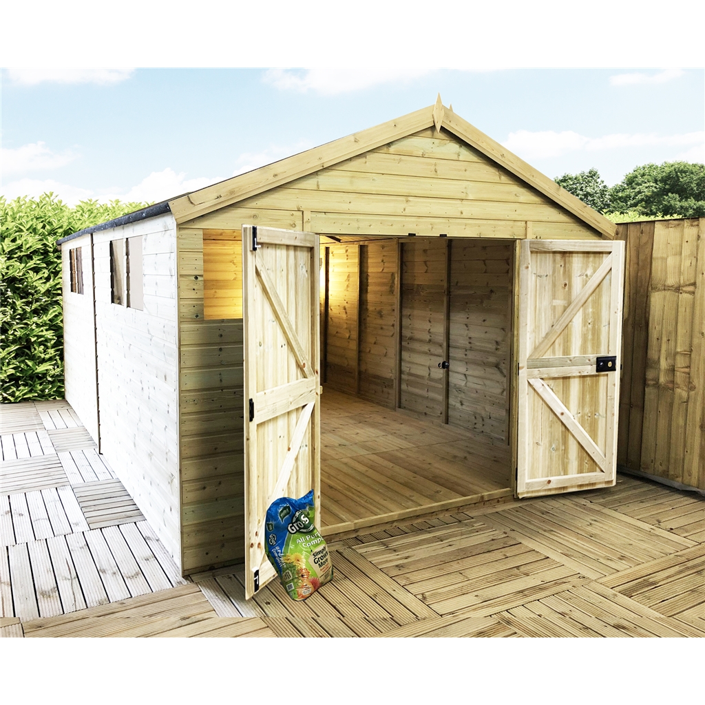 12 x 10 Premier Pressure Treated Tongue And Groove Apex Shed With Higher Eaves And Ridge Height 6 Windows And Safety Toughened Glass And Double Doors + SUPER STRENGTH FRAMING