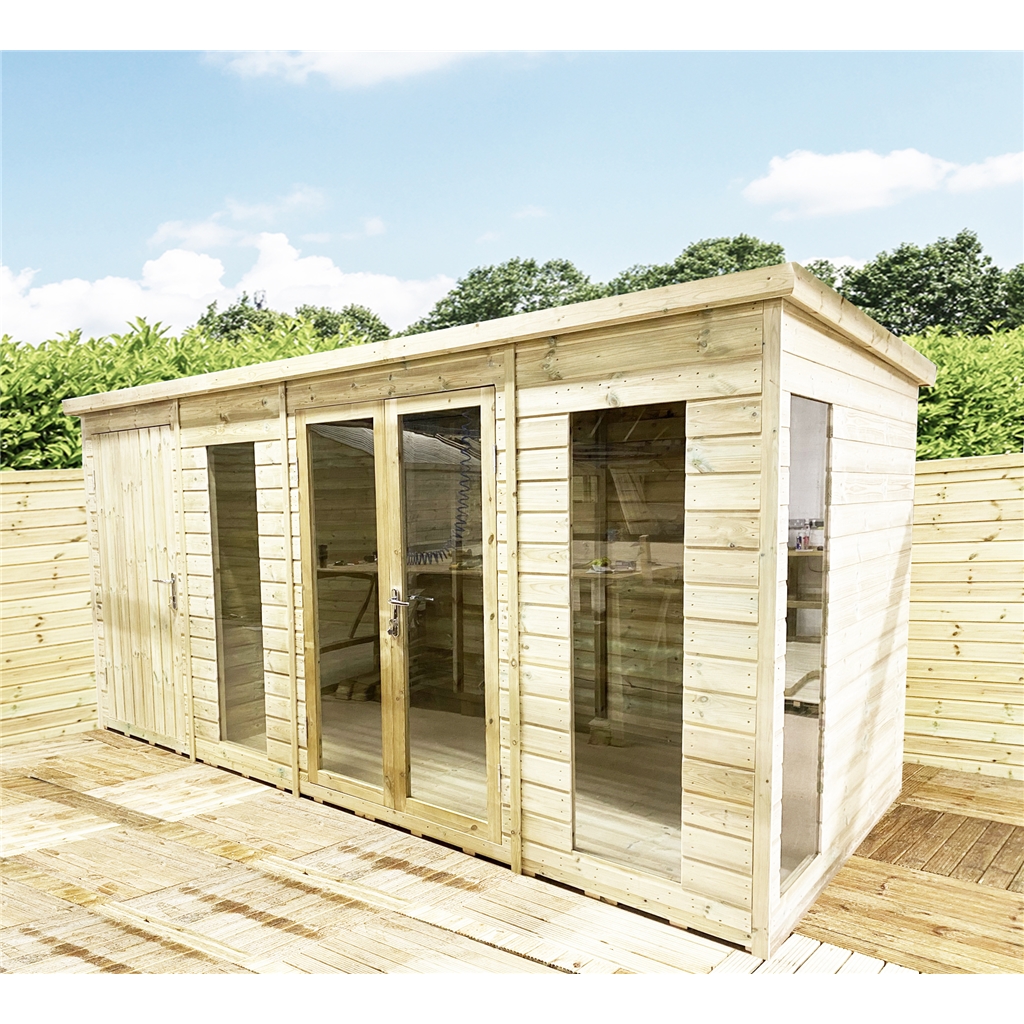 16 x 10 FULLY INSULATED Pent COMBI Summerhouse - 64mm Walls, Floor & Roof - 12mm (T&G) + 40mm Insulated EcoTherm + 12mm T&G)-Double Glazed Safety Toughened Windows (4mm-6mm-4mm)+EPDM Roof+FREE INSTALL