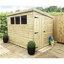 7 x 7 Pent Garden Shed - 12mm Tongue and Groove Walls - Pressure Treated - Single Side Door - 3 Windows + Safety Toughened Glass