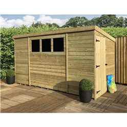 10 x 6 Pent Garden Shed - 12mm Tongue and Groove Walls - Pressure Treated - Single Side Door - 3 Windows + Safety Toughened Glass