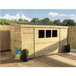 10 x 4 Reverse Pent Garden Shed - 12mm Tongue and Groove - Pressure Treated - Single Door - 3 Windows + Safety Toughened Glass
