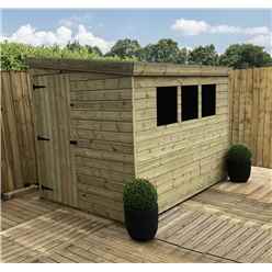8 x 7 Reverse Pent Garden Shed - 12mm Tongue and Groove Walls - Pressure Treated - Single Door - 3 Windows + Safety Toughened Glass