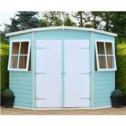 INSTALLED 8 x 8 Tongue and Groove Corner Wooden Pent Shed / Workshop - Double Doors - 2 Windows - 12mm Wall Thickness