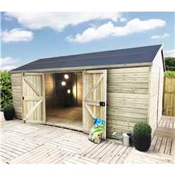 20 x 11 Reverse Premier Windowless Pressure Treated Tongue And Groove Apex Shed With Higher Eaves And Ridge Height And Double Doors (12mm Tongue & Groove Walls, Floor & Roof) + SUPER STRENGTH FRAMING