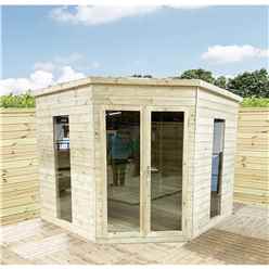 10 x 10 Corner Pressure Treated T&G Pent Summerhouse + Safety Toughened Glass + Euro Lock with Key + SUPER STRENGTH FRAMING 