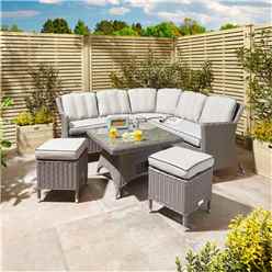 6 Seater Natural Stone Compact Rattan Weave Corner Dining Set - With Stools