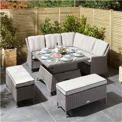  6 Seater Natural Stone Rattan Weave Corner Dining Set - With Benches